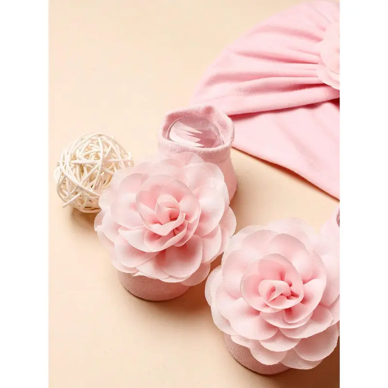 1pc Baby Pink Chiffon Flower Decor Headband And 1pair Baby Pink Anti-Slip Floor Socks, Suitable For Daily Wear Love Valentine 2