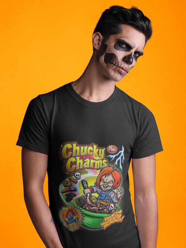 Chucky Charms Novelty Halloween T-Shirt/Tee/Top with a unique design. Unisex Casual Classic Cotton Fabric Menswear Basic Fashion Love 3