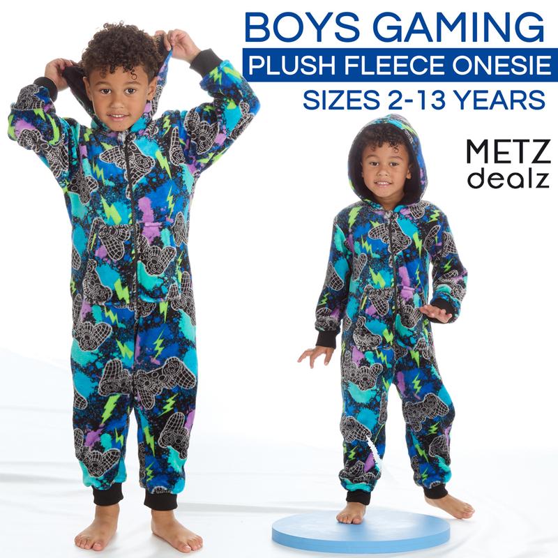 Kids Boys Gaming Onesie Gamer All in One Jumpsuit Plush Fleece Childs Boy Hooded Game Themed One Piece Pyjamas Cuffed Long SleeveWarm Cosy Zip Up Navy All Over Printed 3 4 5 6 Years 0