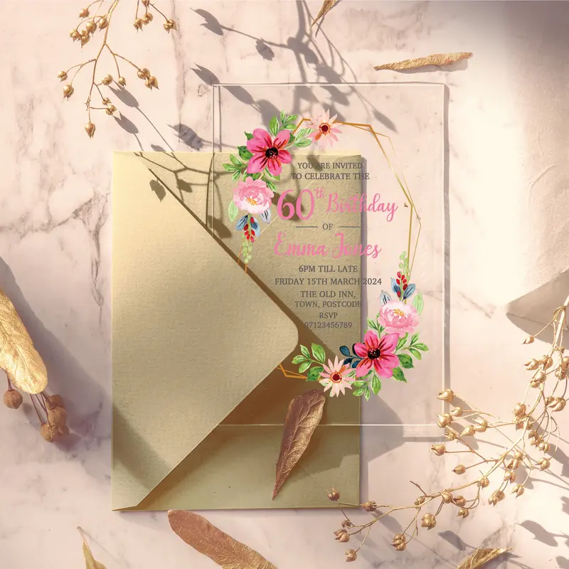 60th Or Any Age Party Pink Floral Frame Acrylic Clear Birthday Party Invitations - Special Invitations, Beskoke Invites, Custom Personalised Acrylic Invitations 4