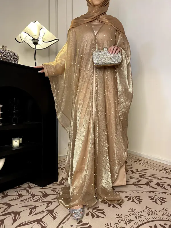 Star Light Abaya, Shiny abaya two-piece set, abaya cardigan and base layer dress 3