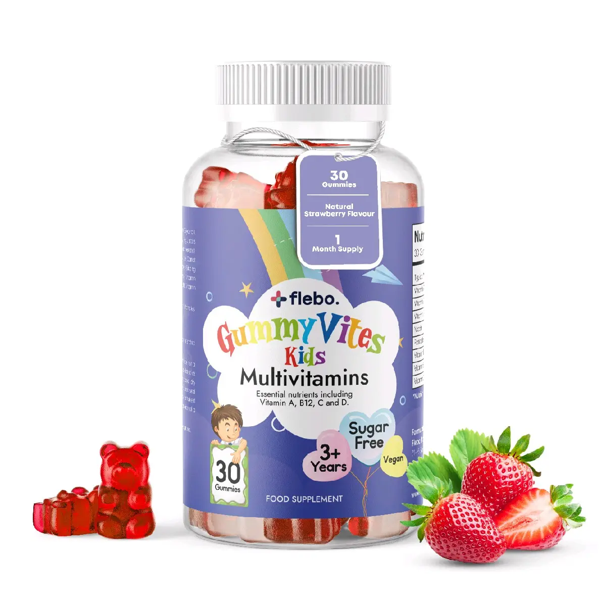 Flebo GummyVites Kids Multivitamin Gummies.  Delicious strawberry flavour and sugar free. Helps with immune system and energy boost for kids. Doctor Led Brand. Tasty and edible supplement. brain health vegan Healthcare Dietary