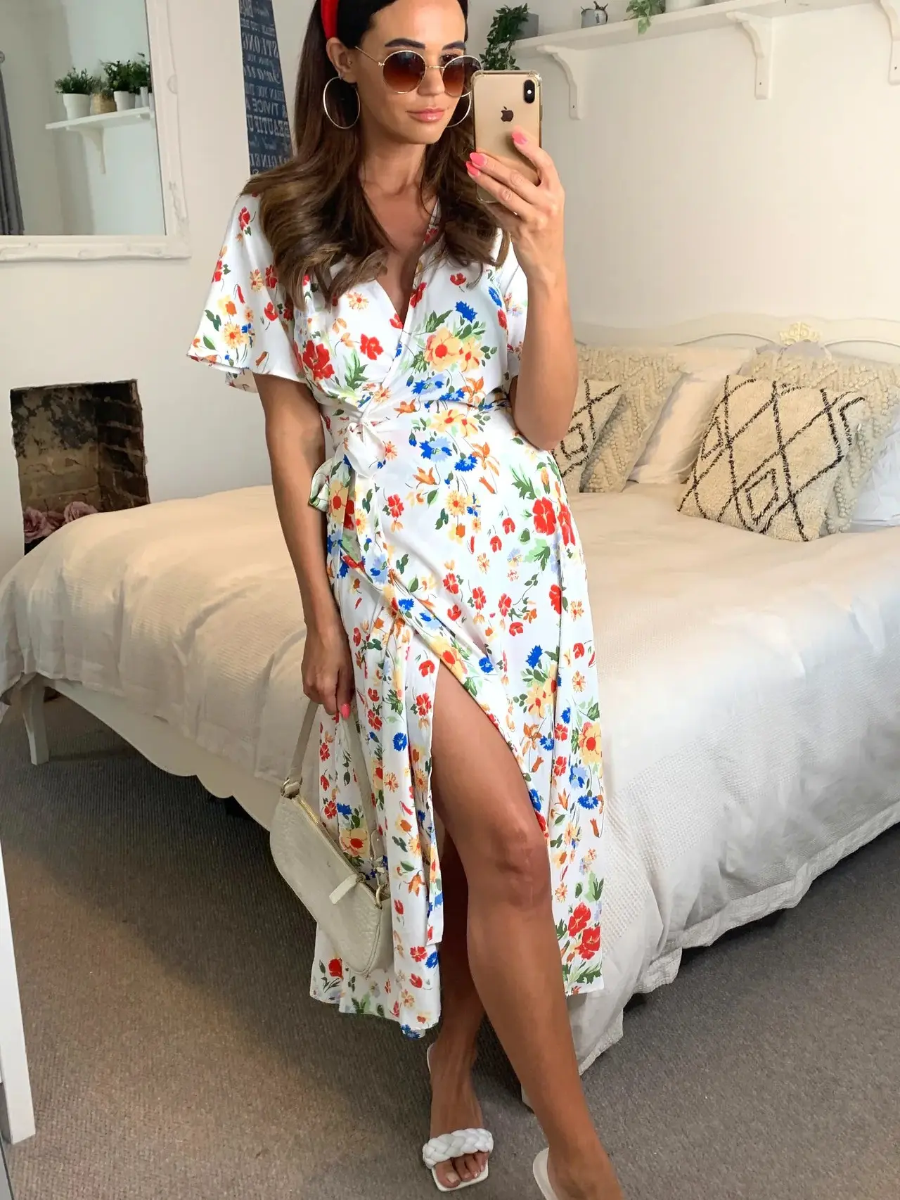 SilkFred Floral Wrap Midi Dress In White Casual Short Womenswear Feminine babydoll