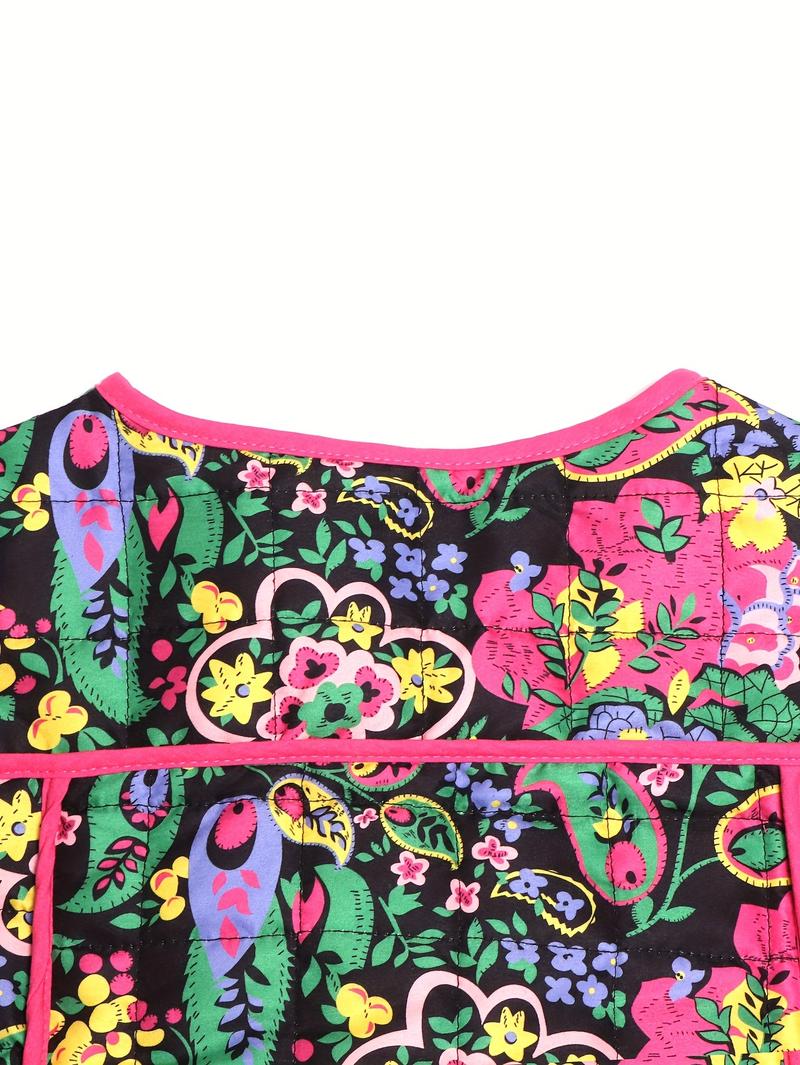 Product Introduction of Women's Vintage Floral Print Quilted Jacket - Polyester, Crew Neck, Vacation Style, All Season, Pocket Detail, Woven Lightweight Outerwear 3