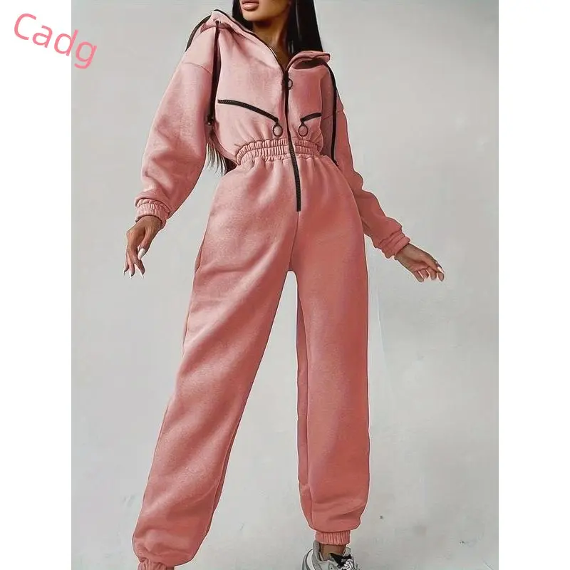 Women's Solid Drop Shoulder Drawstring Hooded Jumpsuit, Casual Long Sleeve Zipper Jumpsuit for Fall & Winter, Women's Clothes for Daily Wear 0