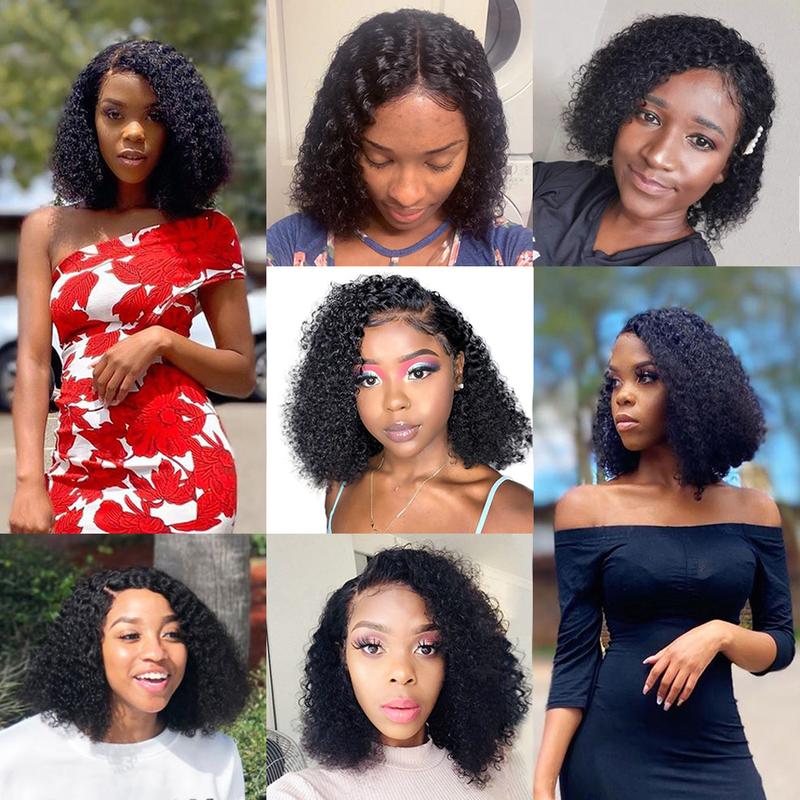 Short 8 to 16 Inch Kinky Curly Bob Human Hair Wig Pre Plucked T Part Lace Peruvian Curly Human Hair Bob Wigs For Women and Girls 4