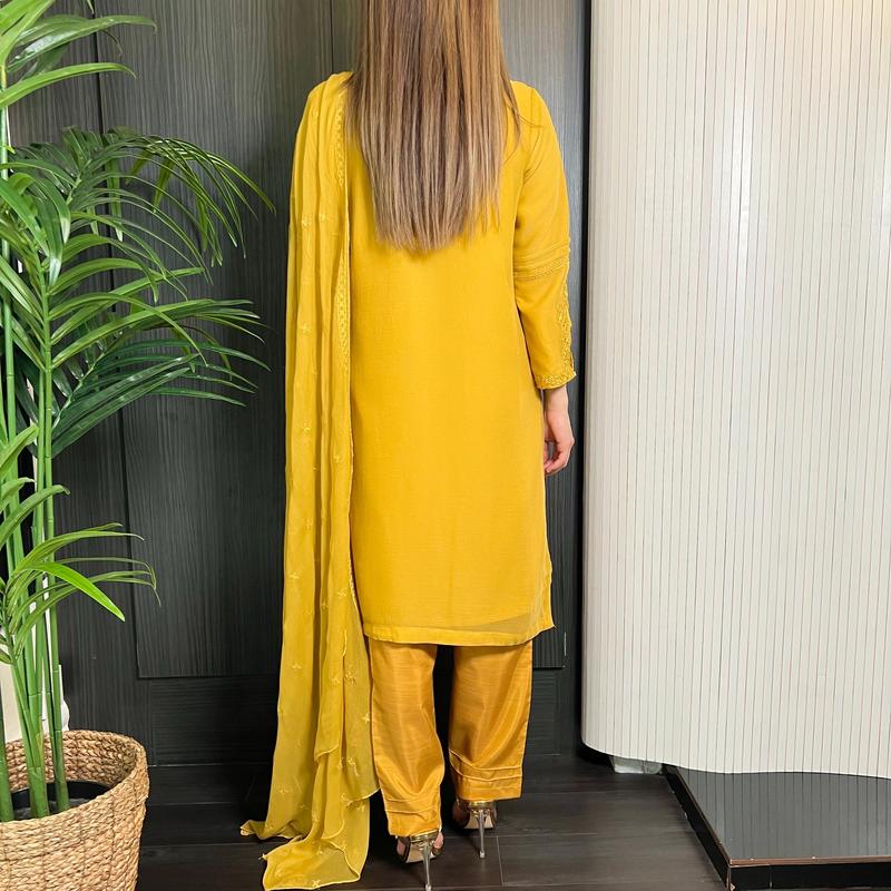 Mustard Hand Embroidered Chiffon Suit 2