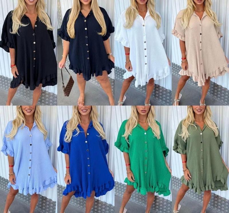 Product Introduction of Women’s Ladies Gold Button Pleated Frill Summer Shirt Swing Mini Dress Viral TikTok Top Casual Fabric 14