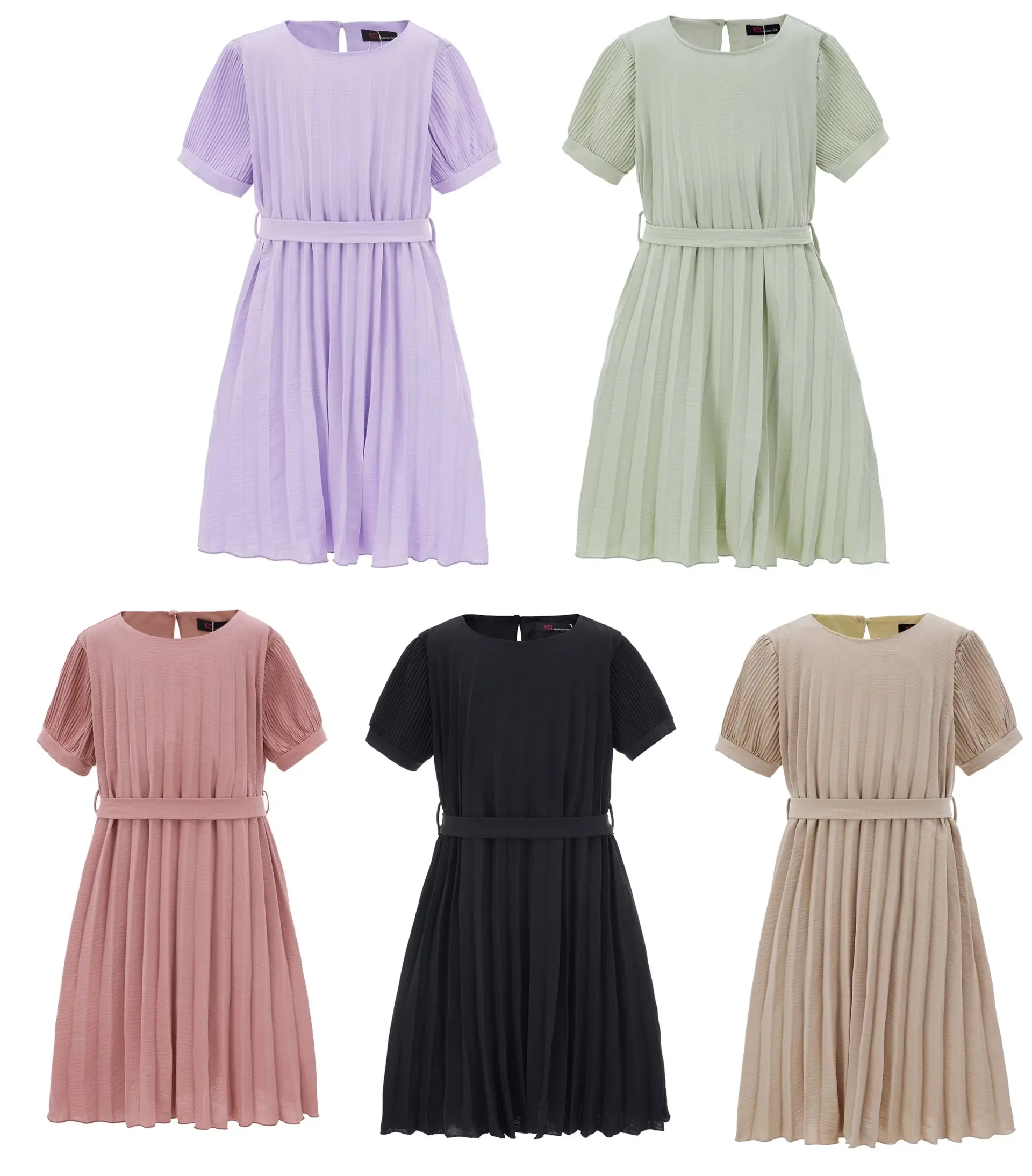 Girls Crew Neck Pleated Dress With Belt With Detailed Pleated Sleeves