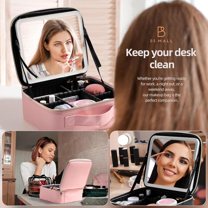 Travel Makeup Bag with LED Light Mirror 3 Color Adjustable Brightness, Waterproof Cosmetic Case Organizer with DIY Dividers, Toiletry Makeup Case Christmas Gift for Her 3