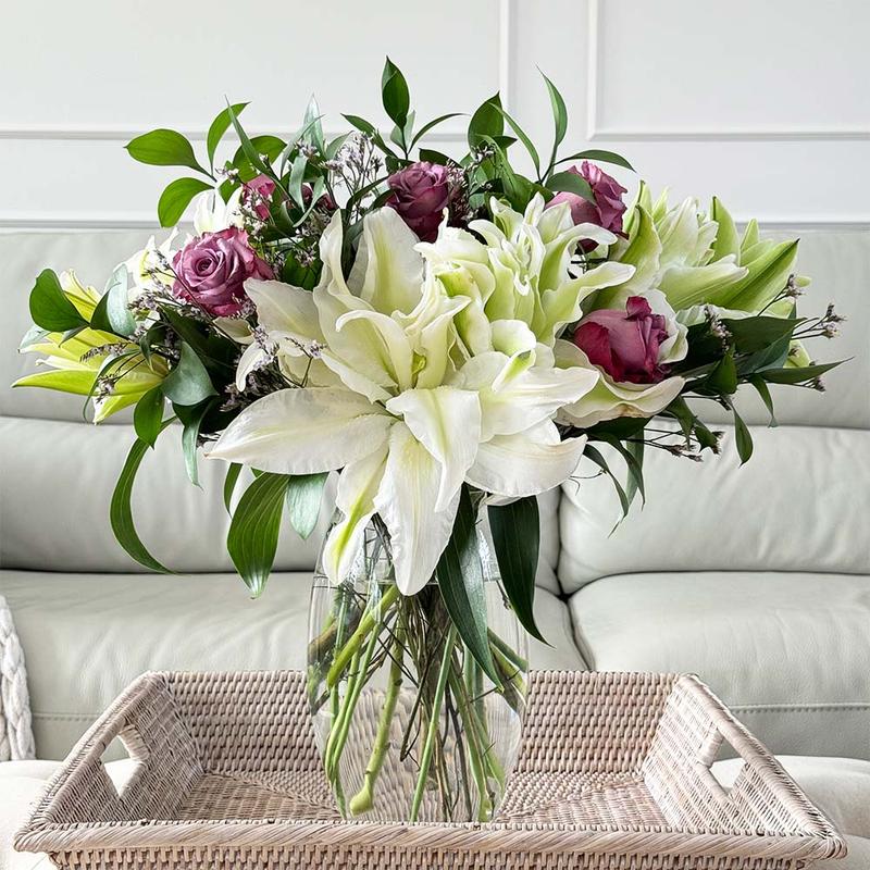 Luxury Lilac Charm Fresh Flower Bouquet with Lilac Roses and White Alstroemeria - Home, Interior, Decor, Decorative, Gift 0
