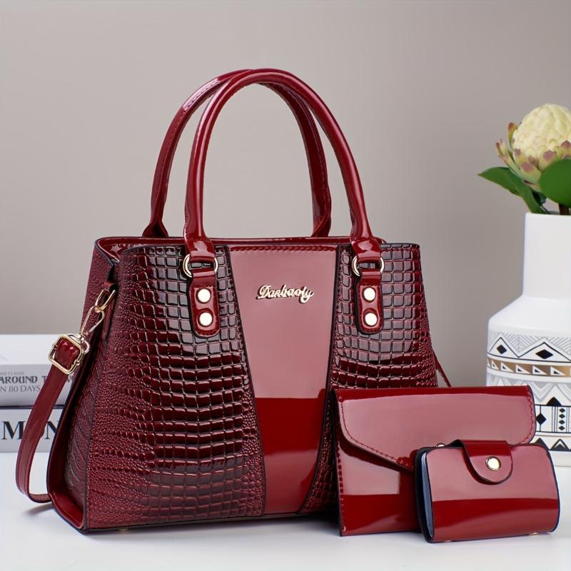 Product Introduction of 3pcs Elegant Faux Leather Satchel with Crocodile Pattern, Sequined, Spacious Multi-Functional Bag, Lightweight Fashion Handbag with Zip Closure and Fixed Shoulder Straps, with Spandex Lining for Women 1