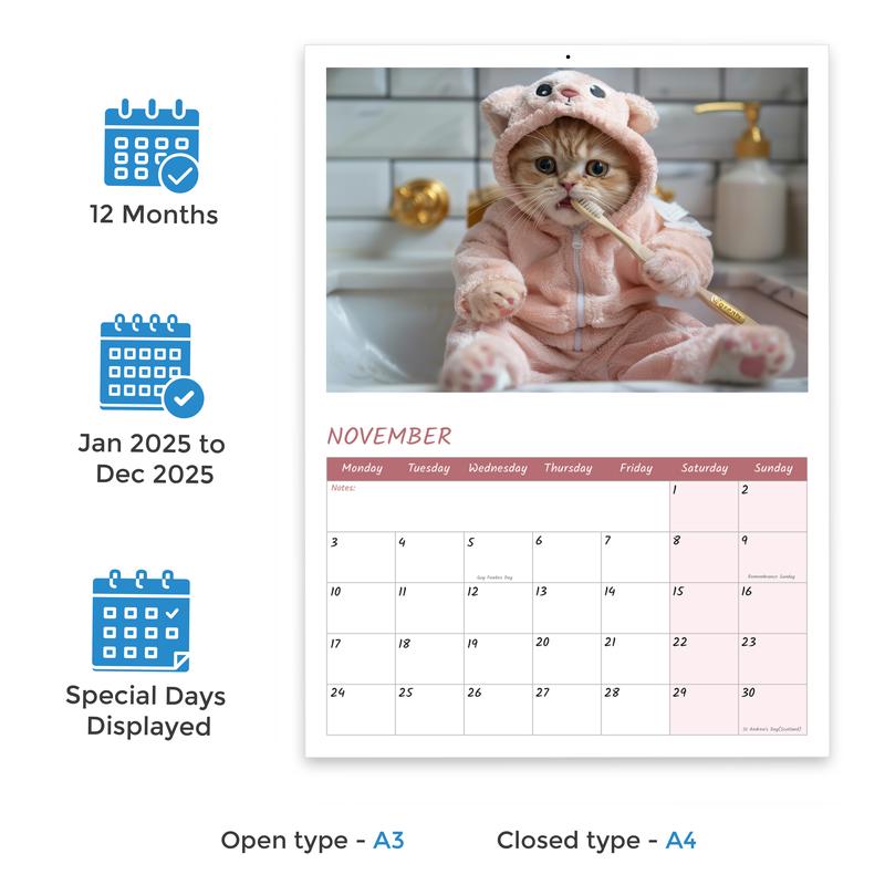 Papa Prints 2025 A4 UK Cat Calendar 12 Months of Adorable Felines & Family Fun 1