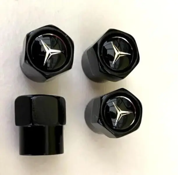MERCEDES Black Wheel Tyre Valve Dust Caps Covers Set x4 Chrome Metal