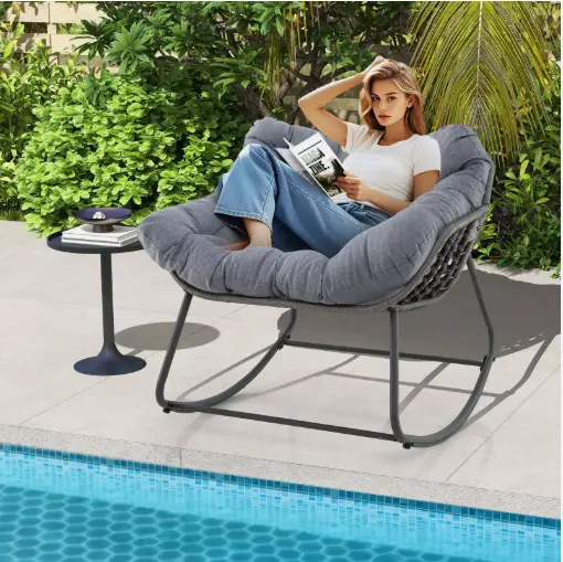 Rocking Egg Chair Oversized Indoor-Outdoor - Comfortable PE Wicker Patio Lounge Chair in Grey 2