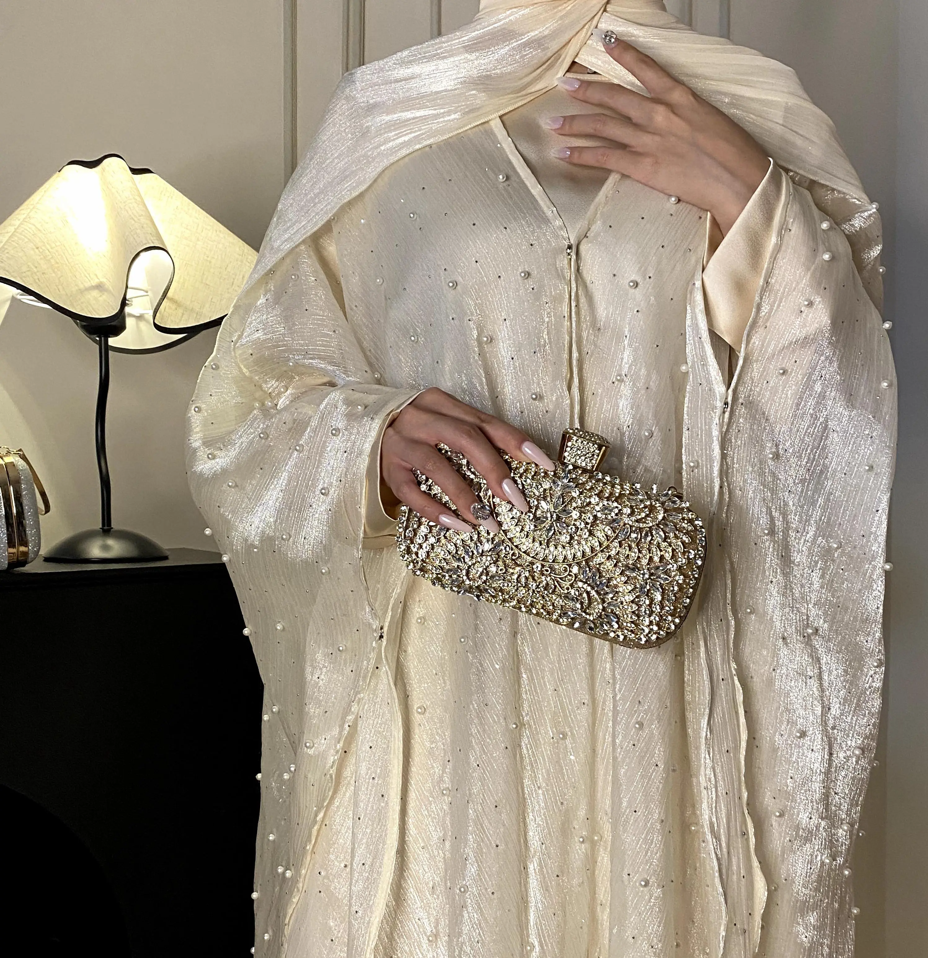 Star Light Abaya, Shiny abaya two-piece set, abaya cardigan and base layer dress abayah