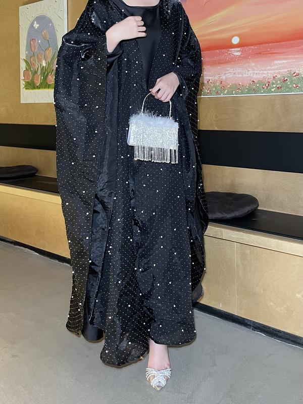 #LY02 Ramadan Promotion Shiny pearl organza abaya, two pieces set with satin inner dress classic abaya 4