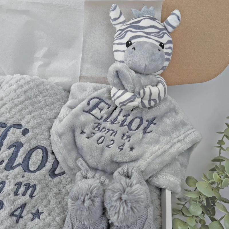 Embroidered Zebra Comforter Blanket Gift Set | Baby Shower Gift | Baby Booties | Baby Gift | Newborn Girl Boy | Newborn Baby Gift 1