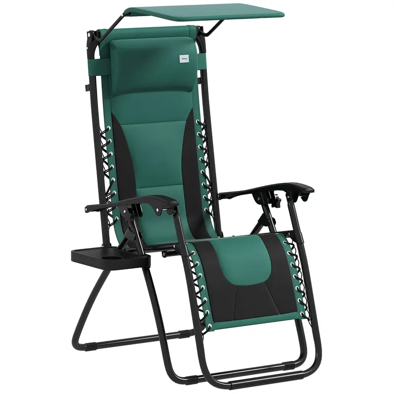 Outsunny Zero Gravity Lounger Chair, Folding Reclining Patio Chair with Shade Cover, Padded Seat, Cup Holder, Soft Cushion and Headrest for Poolside, Camping, Green 0