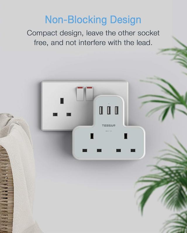 Plug Adapter with 3 USB Plug, TESSAN Double Plug Adaptor Extension Plug, 2 Way Multi Plug Extension with USB Charger Plug, Slim Multiple Plug Socket UK for Kitchen, Office, School Supplies 6
