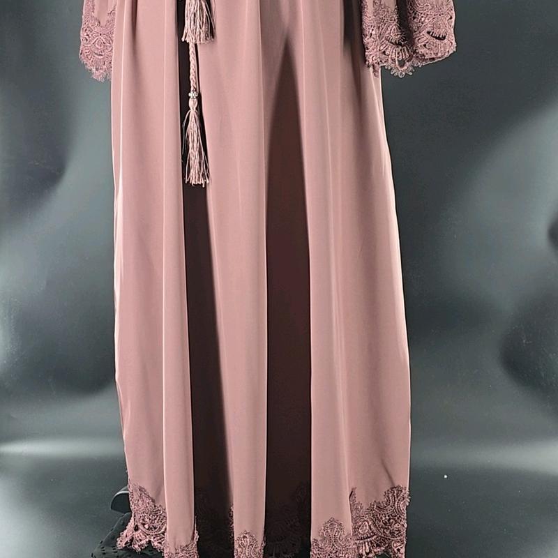 Lace stitching belted robe abaya styling in Copper Rose 2