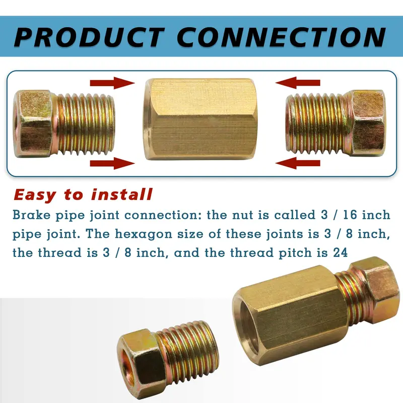 3/16" brake Line Brass Nut Fittings Set,4 Unions & 8 Nuts for SAE Inverted Flaring Brake Pipe (4.75mm) 4