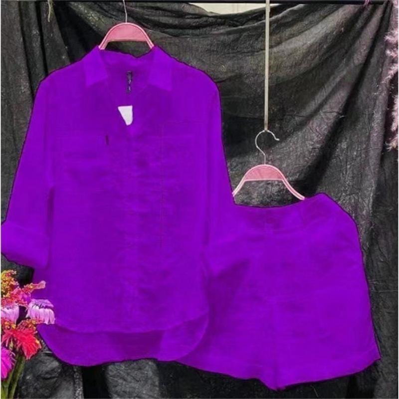 Women's Solid Color Shirt Shorts Set Spring Summer Loose Long Sleeved Stand Collar Casual Fashion Office Home Two Piece Sport 5