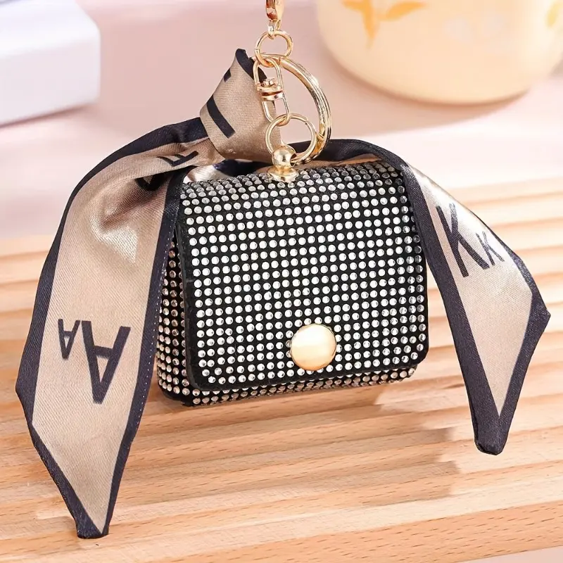 Fashion Mini Coin Purse with Rhinestone Embellishments, PU Material, Keychain Charm with Edge Paint and Scarf Detail 0