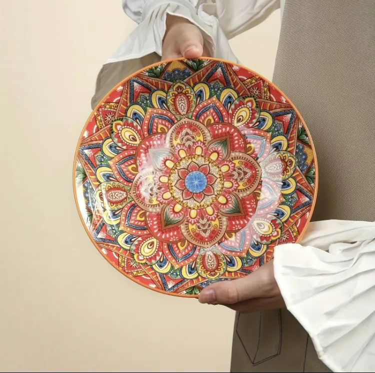 Bohemian Style Ceramic Dinner Plate Set, 4 Counts/set Creative Breakfast Bowl, Large Deep Plate for Home and Restaurant Use Stylish Aesthetic 3