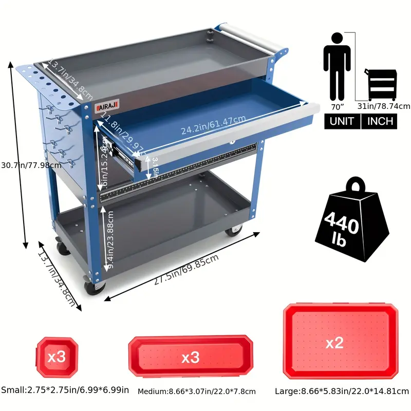 3 Tier Rolling Tool Cart, Mechanic Tool Cart On Wheels, Industrial Utility Cart With Drawers And Pegboard, 199.58 KG Capacity Tool Storage Cart For Garage, Warehouse, Blue 1