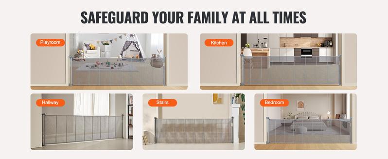 Product Introduction of VEVOR Retractable kid Gate, 34.2" Tall Mesh kid Gate, Extends up to 116.1" Wide Retractable Gate for Kids or Pets, Retractable Dog Gates for Indoor Stairs, Doorways, Hallways, Playrooms, Gray 9