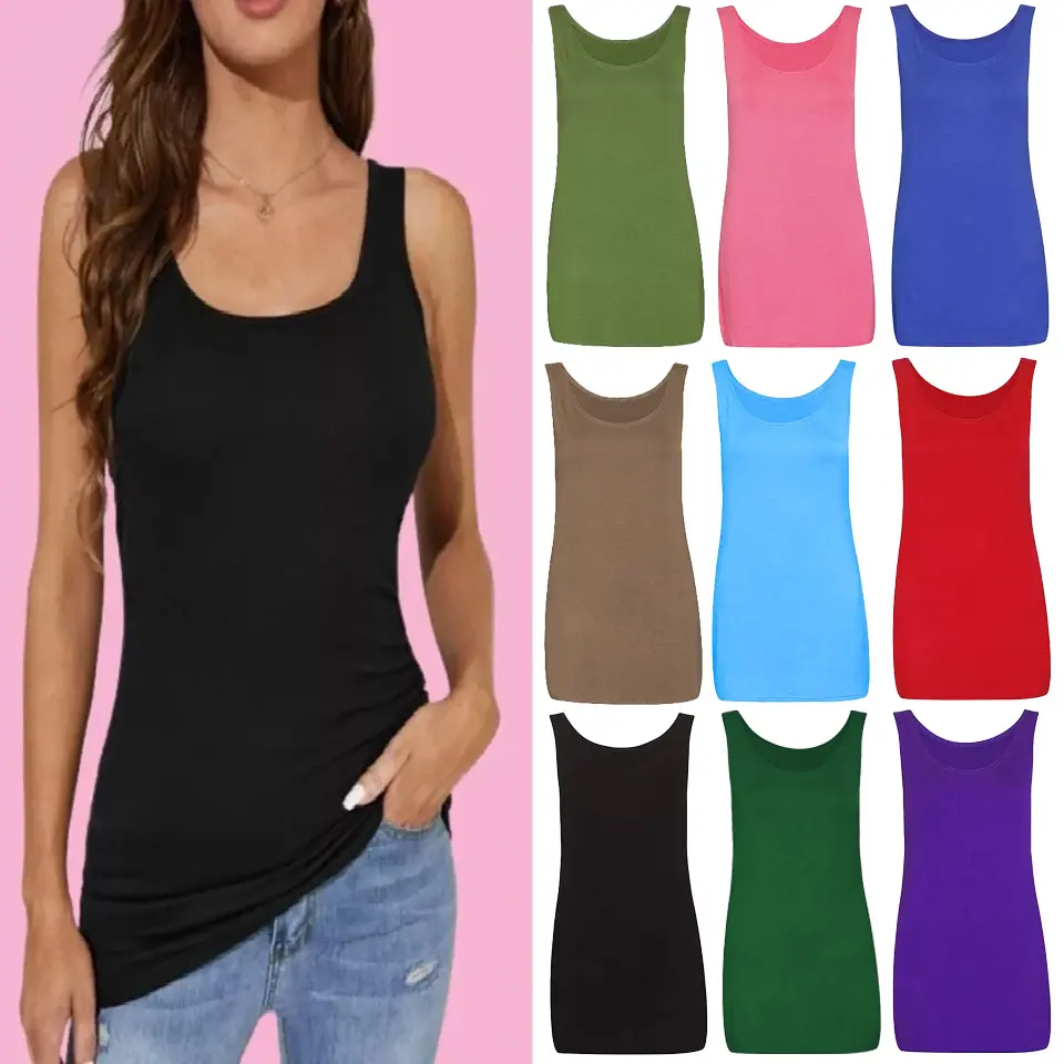 Women Ladies Plain Sleeveless Vest Scoop Neck Top Plain Stretchy Tank Top T-Shirt UK 8-26