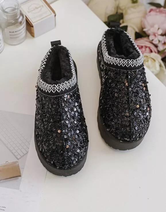 Girls Slip On Warm Faux Fur Lined Shiny Sequin Fashion Kids Aztec Black Ankle Boots Mules Shoes 4
