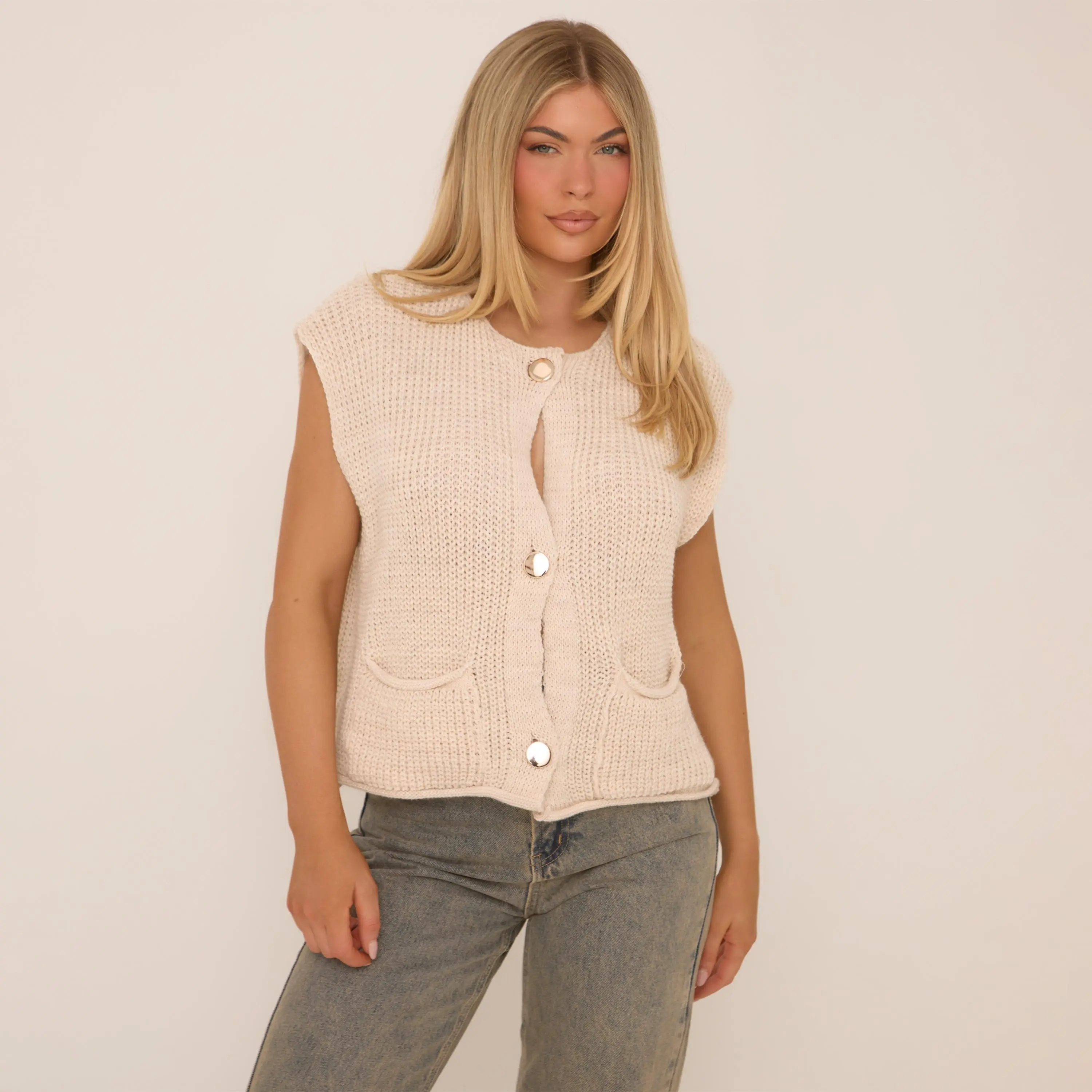 Sleeveless Gold Button Front Cardigan