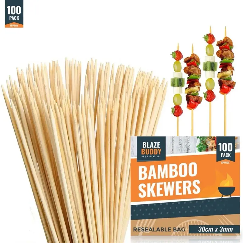100 Bamboo Skewers BBQ 30cm 12" Kebab Fruit Chocolate Fondue Grill Wooden Stick Barbecue Utensils 5