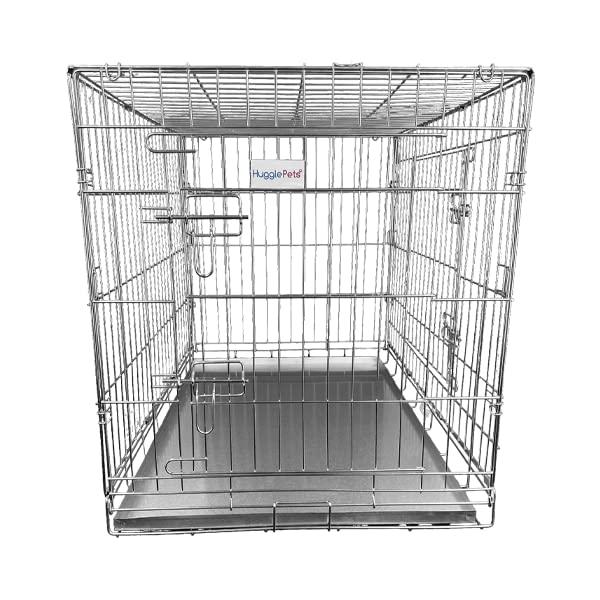 HugglePets Silver Metal Dog Puppy Cage Foldable Small 61cm Dual Door with Locks, Car Home and Travel Crate 2