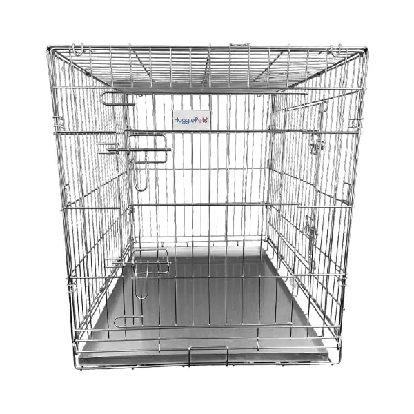 HugglePets Silver Metal Dog Puppy Cage Foldable Small 61cm Dual Door with Locks, Car Home and Travel Crate 2