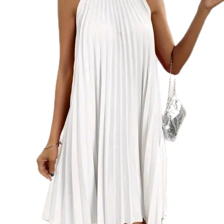 Contrast Sequined Pleated Halter Dress, Elegant Sleeveless Mock Neck Keyhole Back Dress, Women's Clothing Comfortable Halter Neck Elegance 5