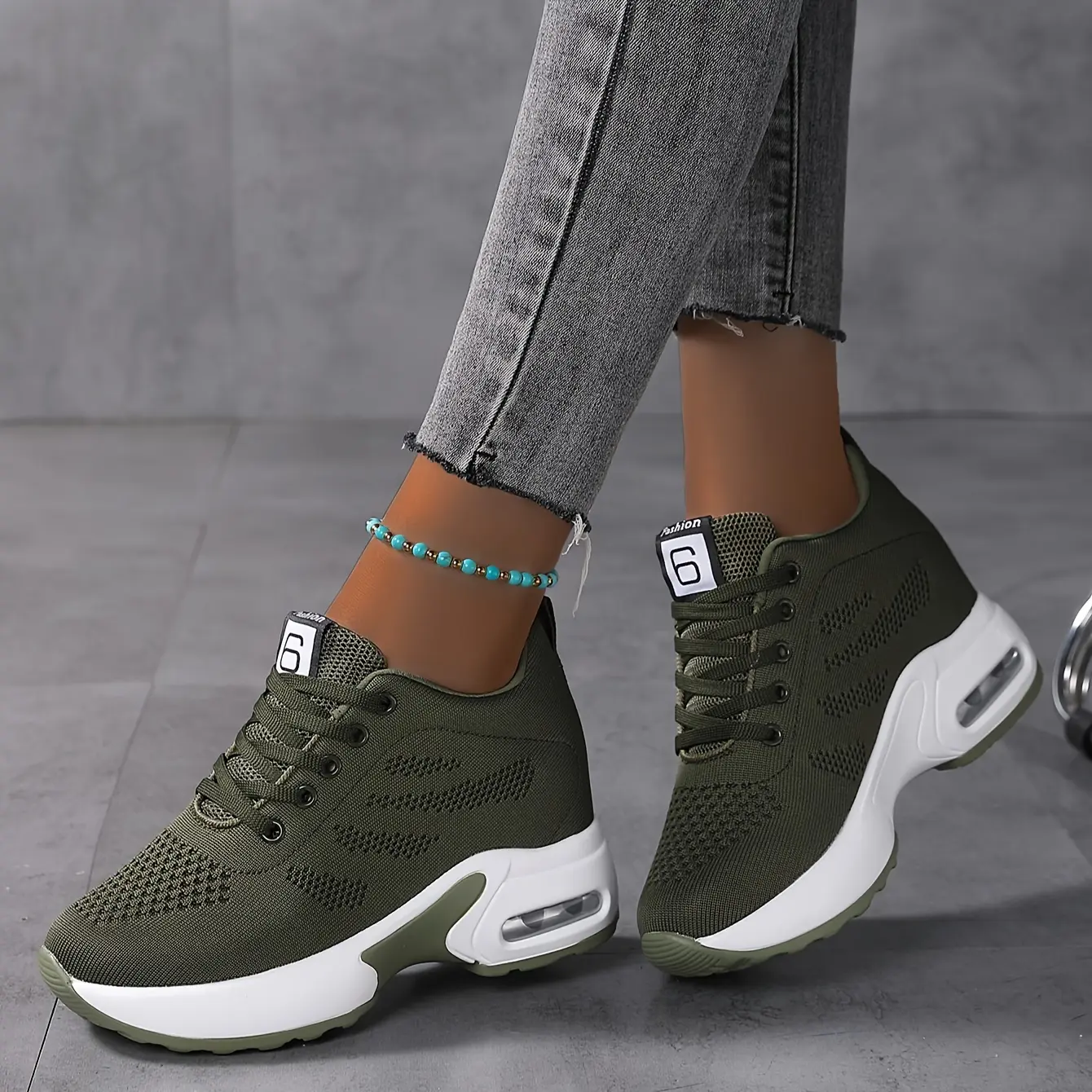 Breathable Olive Green Women's Knit Sneakers - Lightweight Low-Top Lace-Up Casual Shoes with Cushioned PU Sole for Everyday Comfort, Breathable Running Shoes|Lowtop Sneakers|Flexible Footwear