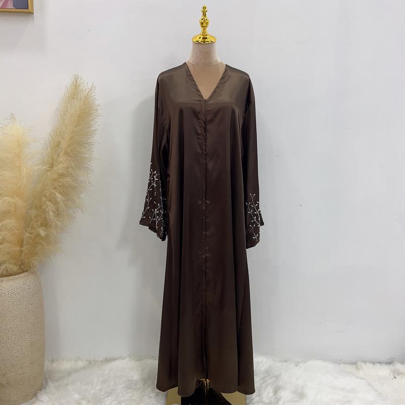 Product Introduction of HS1024 1pcs Satin Cardigan Handmade Beaded Dress Abaya 10