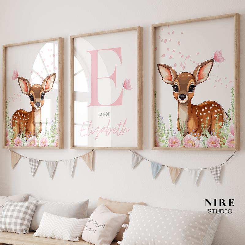 Set of 3 deer prints, baby girl nursery personalised print, woodland animal print 0