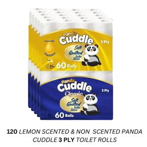 Panda Cuddle 120 Toilet Rolls, 3 Ply, Non Scented & Lemon Scented, White Tissue - Wipes, Napkin - Towel, Lightweight