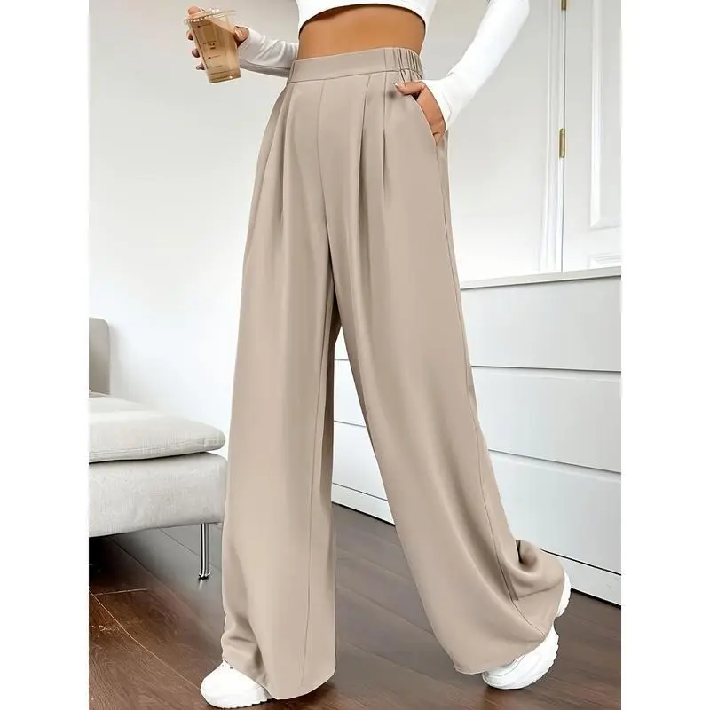 Solid Color High Waist Pants, Elegant Dual Pockets Wide Leg Pants For Spring & Summer, Women's Clothing