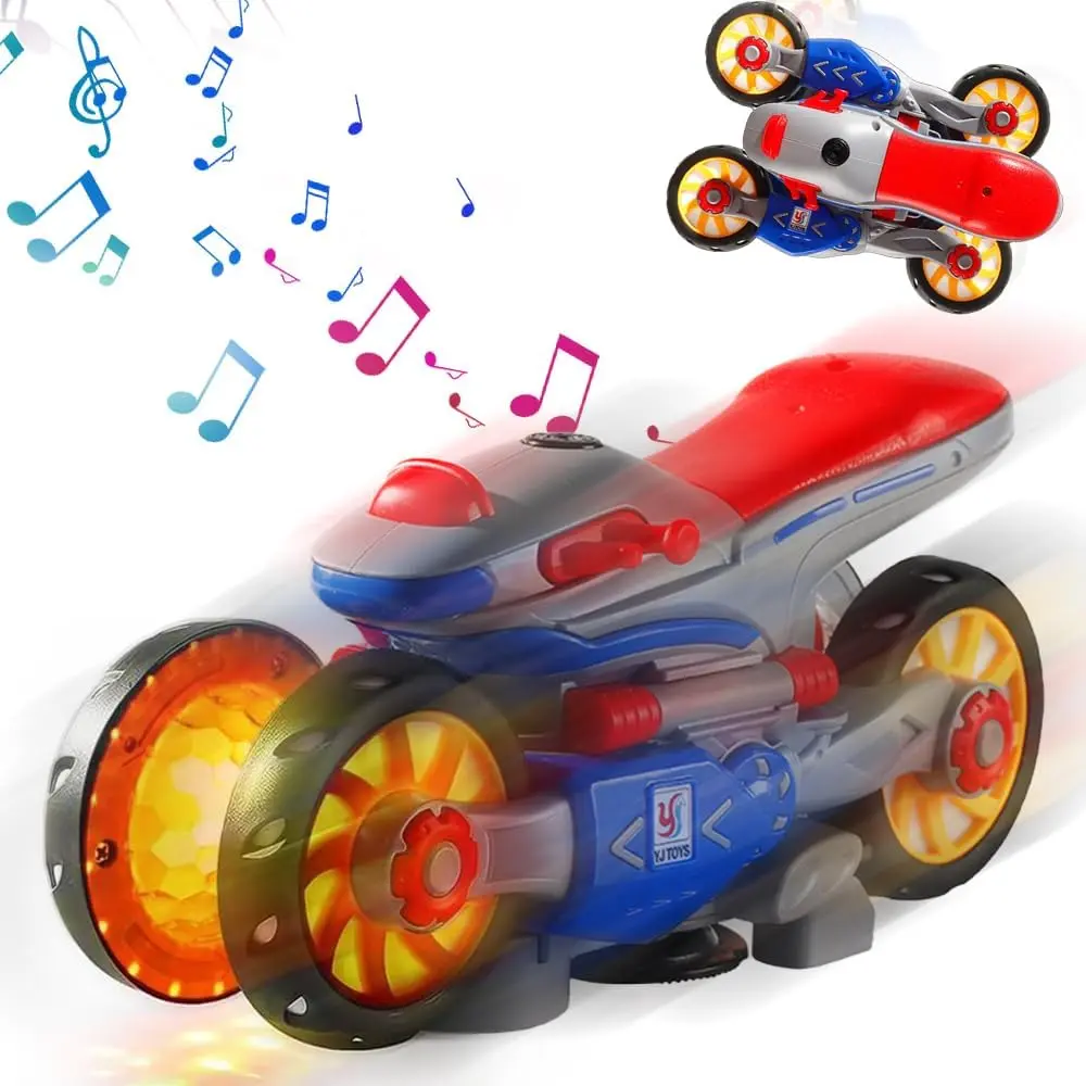 New 3D Motorcycle Deformation with Light up and Music, 360 Rotating Stunt Electric Motorcycle Transform Kids Toy, 4WD Stunt Car For Kids Christmas Birthday Gift
