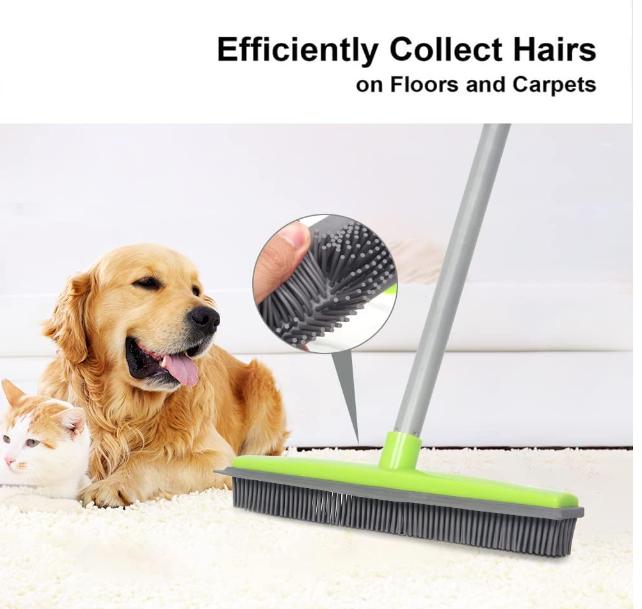 Rubber Broom with Squeegee, Carpet Broom with 59 inch Long Handle, Pet Hair Removal Broom, Rubber Sweeping Brush for Dust, Hard Floors, Windows, Non-Scratch, Outdoor/Indoor Broom Cleaning Smooth 1