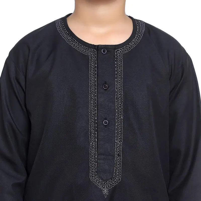 KIN-KG607-B - Boys Plain Kurta with Embroidery embellishment around neck and buttons area, comes with Shalwar. Ple 5