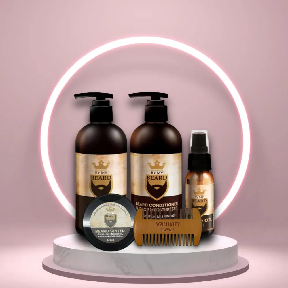 Valuxify Men's Ultimate Beard Grooming Kit with Shampoo, Beard Oil, Conditioner, Styler, and Wooden Comb - Haircare Comfort