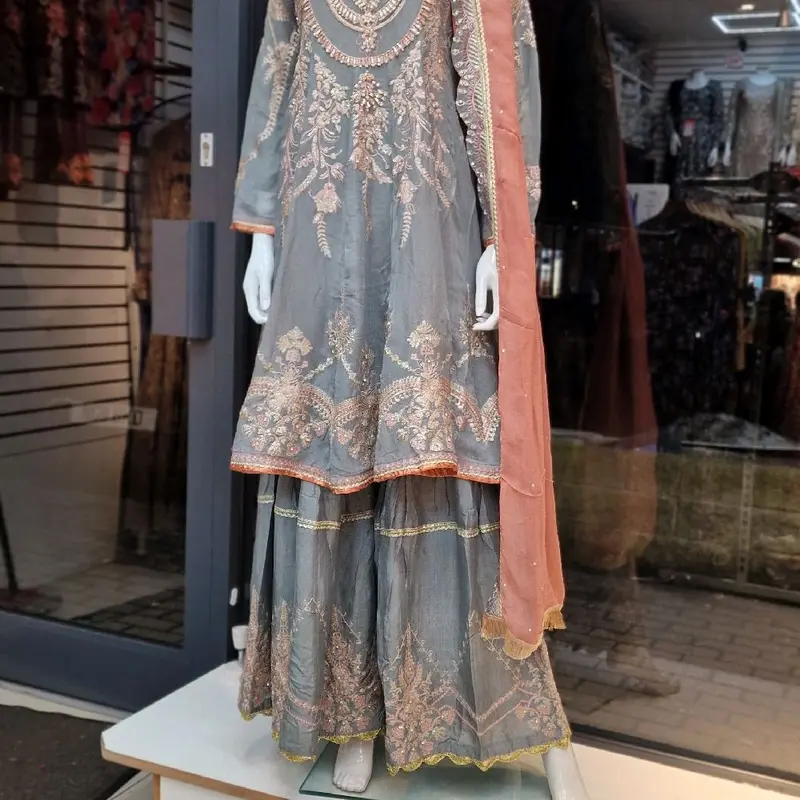 Grey and pink dress with embroidery and hand hand embellished  Womenswear Lady Long Sleeve Comfort Fabric Chiffon 1