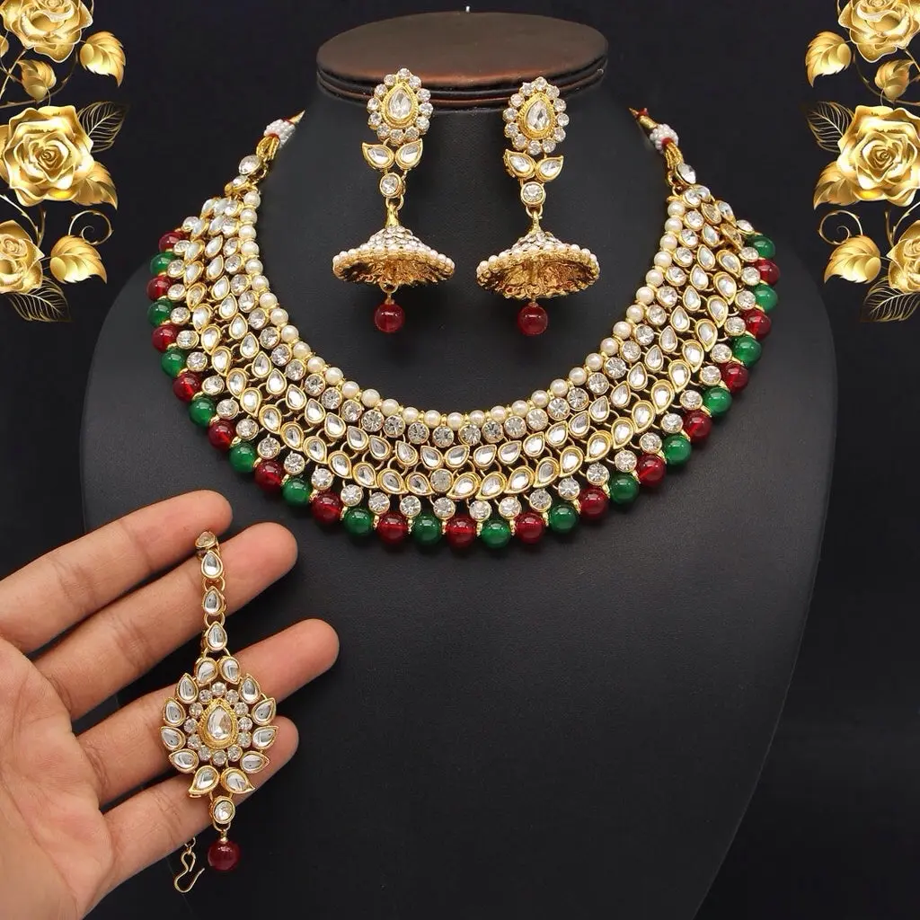 Alloy Gold Plated Kundan Necklace Set with Friction Back Earrings and Maang Tikka for Women