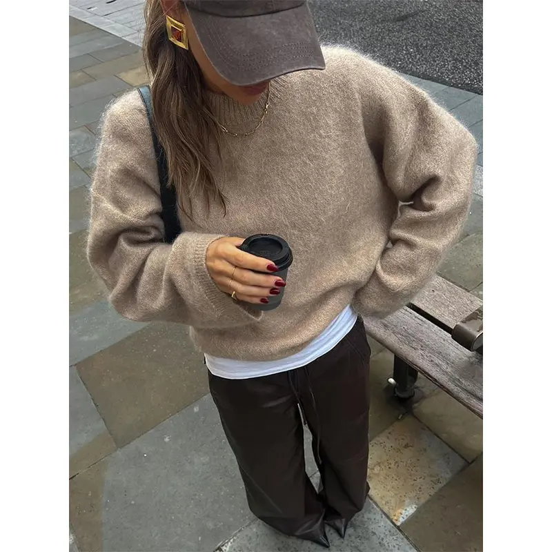 Casual Brown O-Neck Knitted Cashmere Pullover Women Fashion Full Sleeve Loose Commute Jumper 2024 Autumn Lady Street Outerwears 7